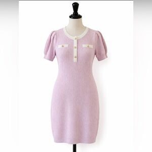NWT Express Pink White Knit Dress Size L Puff Sleeve Gold Button Sweater Dress